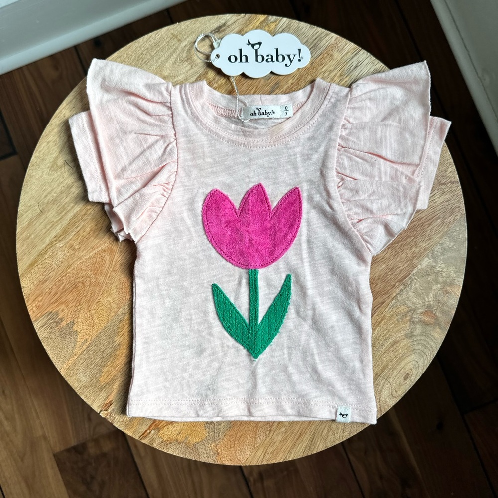 Oh Baby! Tulip Appliqué Flutter Sleeve Top NWT sz: 0/3M